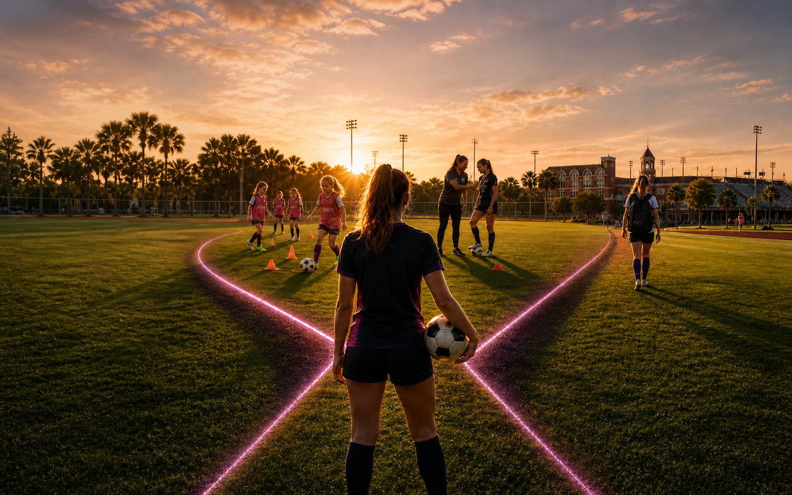 A female soccer player stands in the foreground at sunset on a soccer field, with three glowing magenta paths forking across the grass toward Homeschool training, Private Training, and College Pathway destinations