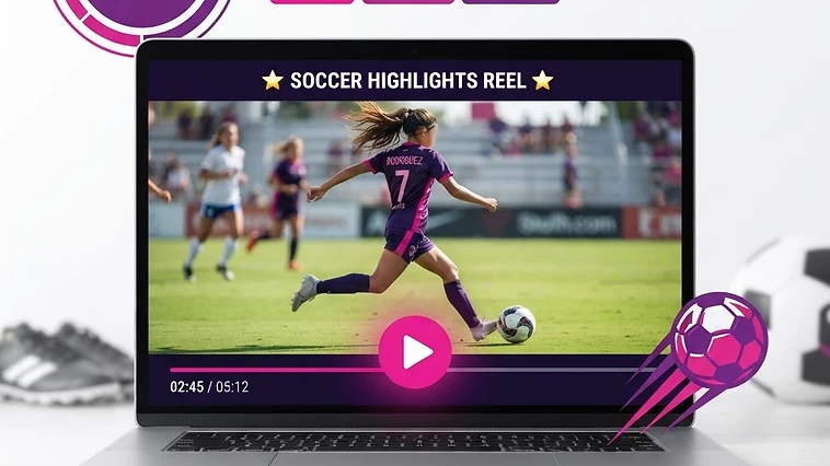 Soccer highlight video for college recruiting shown on a laptop with a soccer ball