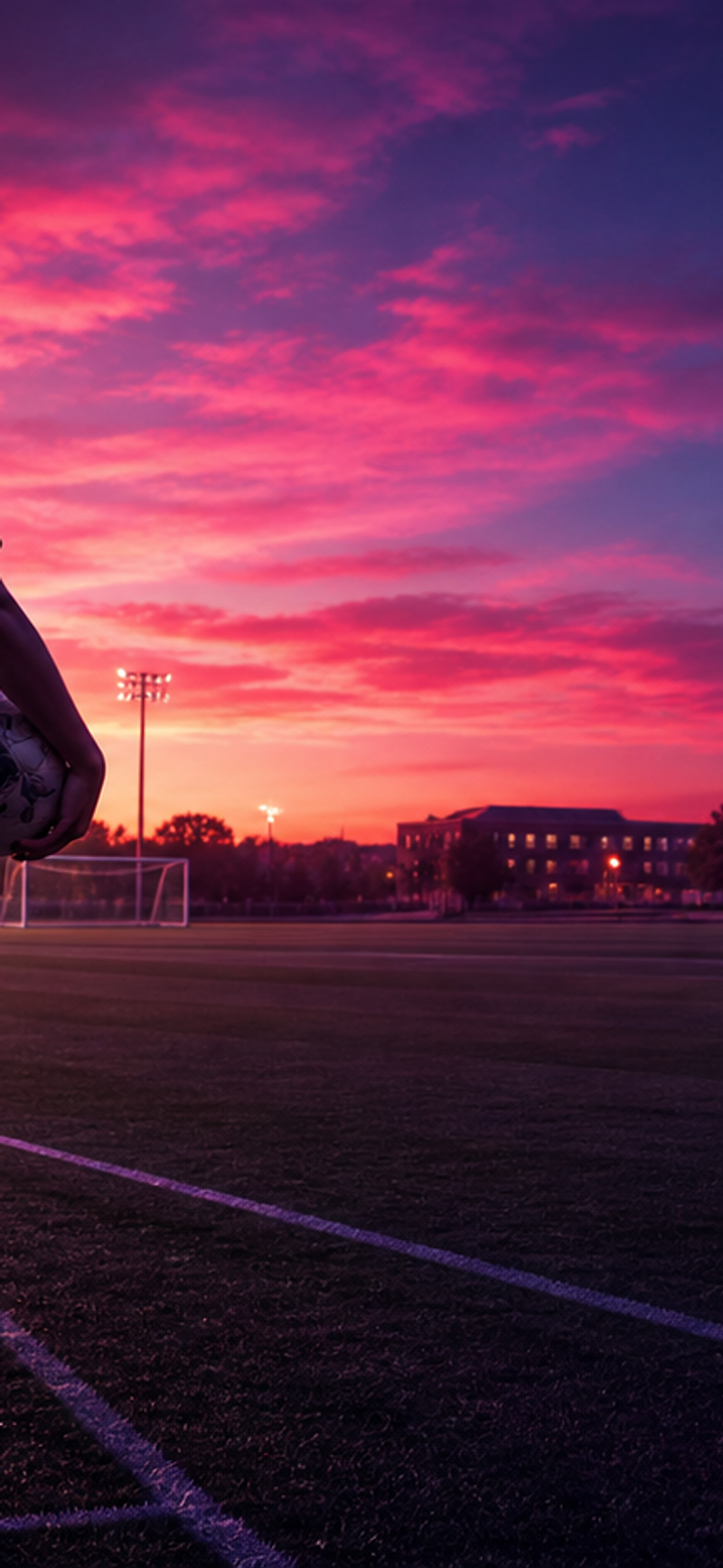 Female soccer player on a field at dusk