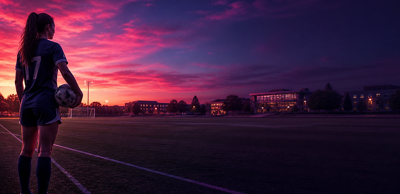 Female soccer player on a field at dusk