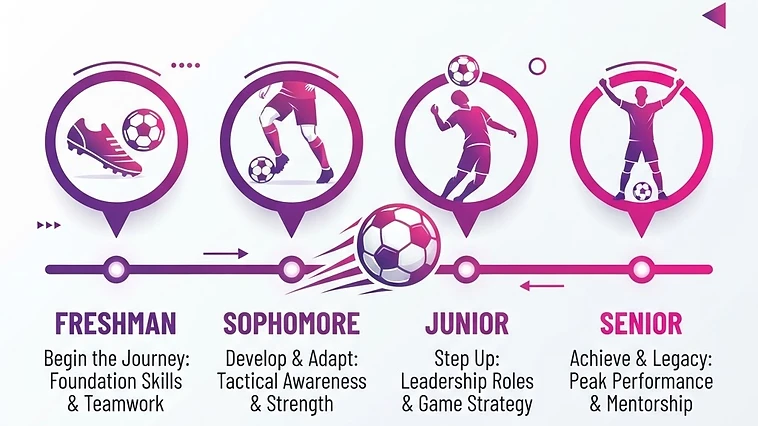 Four-step timeline from freshman to senior year with a soccer ball, illustrating the college soccer recruiting plan
