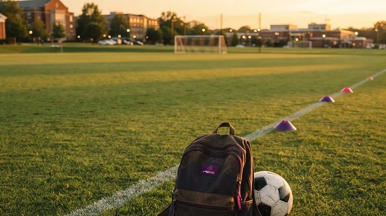 Soccer ball and backpack on an empty campus field at sunrise