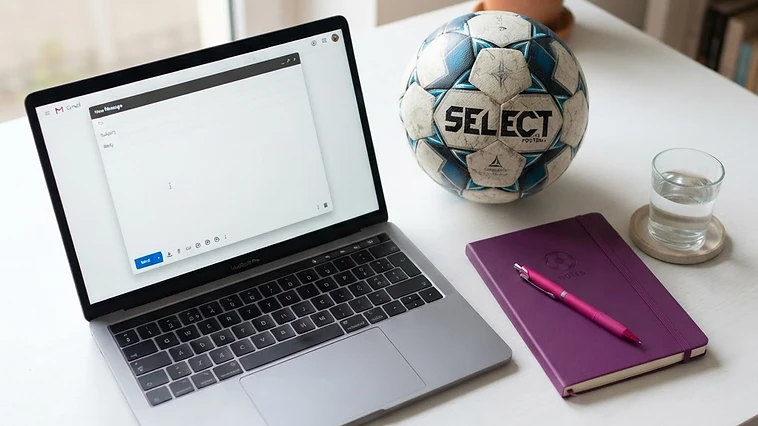 Laptop with a blank email beside a soccer ball and notebook
