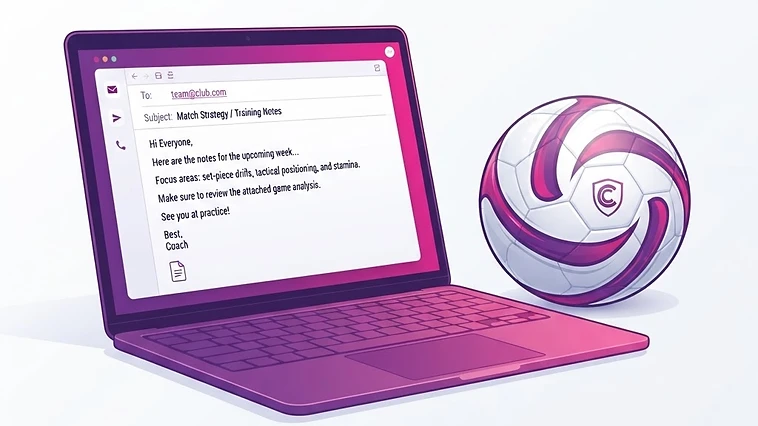 Laptop showing an email draft next to a soccer ball, illustrating how to email a college soccer coach