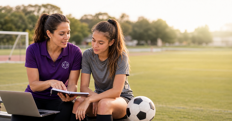 Coach mentoring a female athlete on a bench at a soccer field