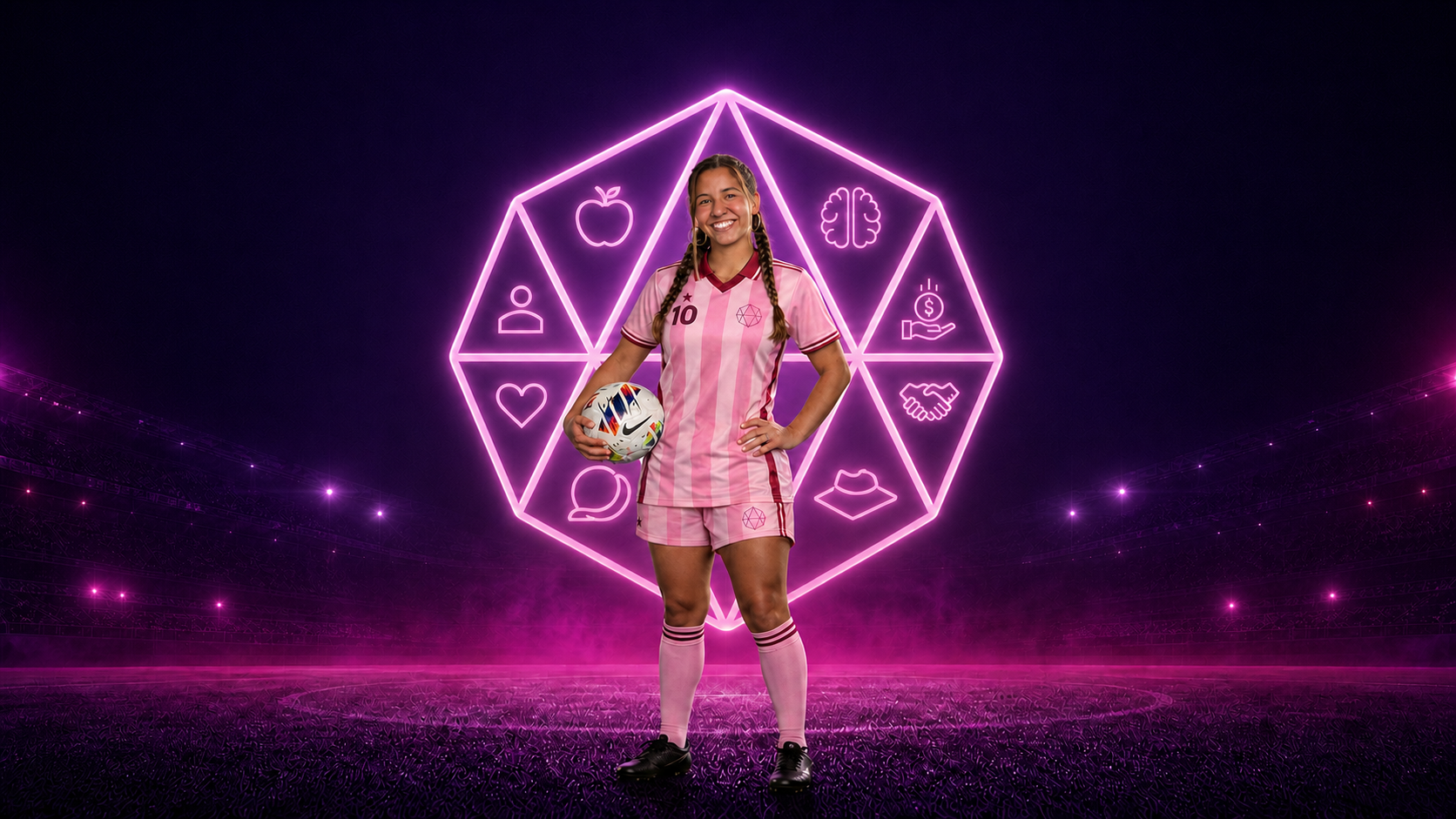 Female soccer player at night framed by a glowing purple diamond and four connected circles representing Technical, Physical, Tactical, and Cognitive development