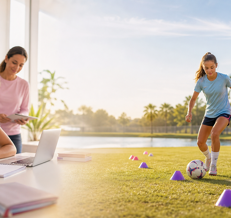 Female student-athlete combining homeschool academic support with girls soccer development.