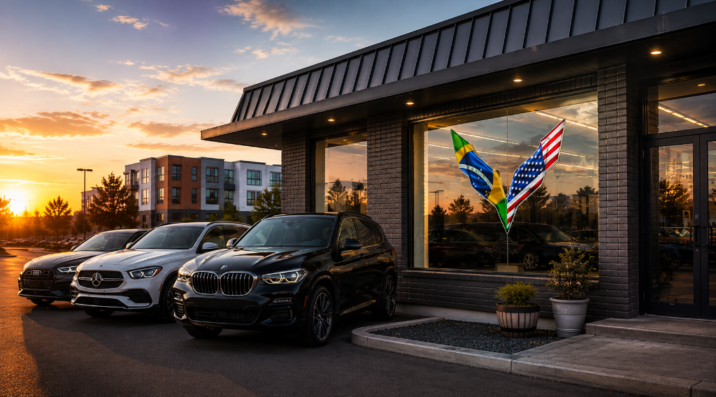 Premier Car Sales Group dealership at sunset