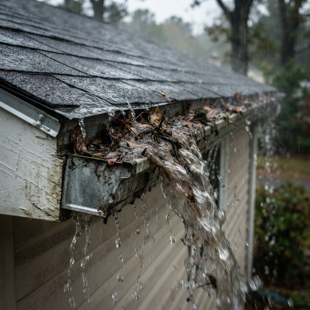 Clogged, overflowing gutter