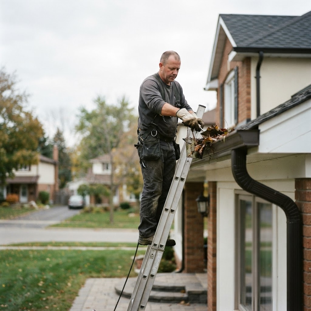 PRG technician cleaning gutters on a Toledo home