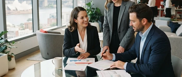 Vodafone Business Centre consultants collaborating with a client in a modern Sydney office