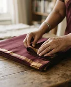 Hands folding a deep oxblood silk saree on a wooden table