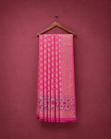 Fuchsia floral dupion silk saree