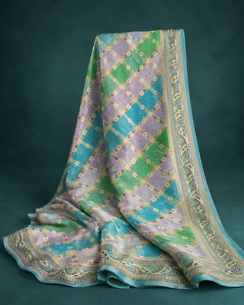 Teal checkered georgette saree