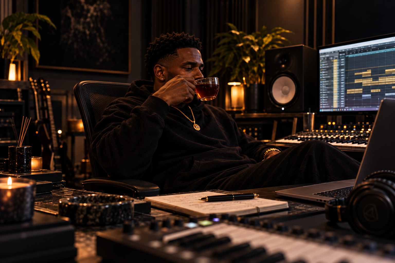 A music producer in a home studio holding a mug of tea, late-night session