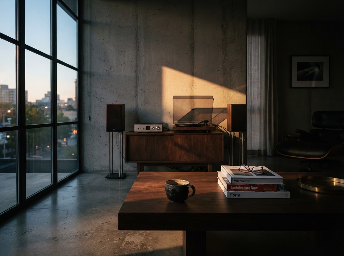 A minimalist concrete interior with vinyl records and books at dusk