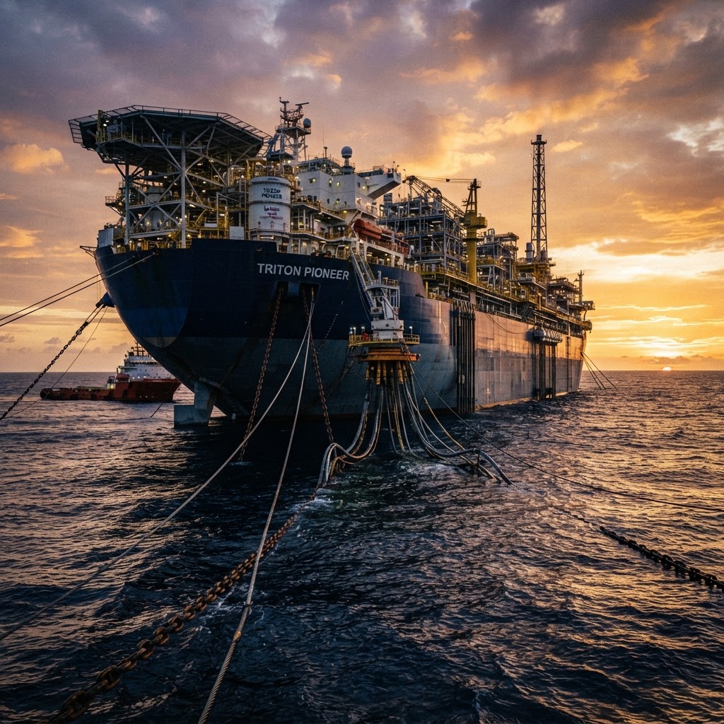 FPSO vessel with mooring chains and turret system offshore