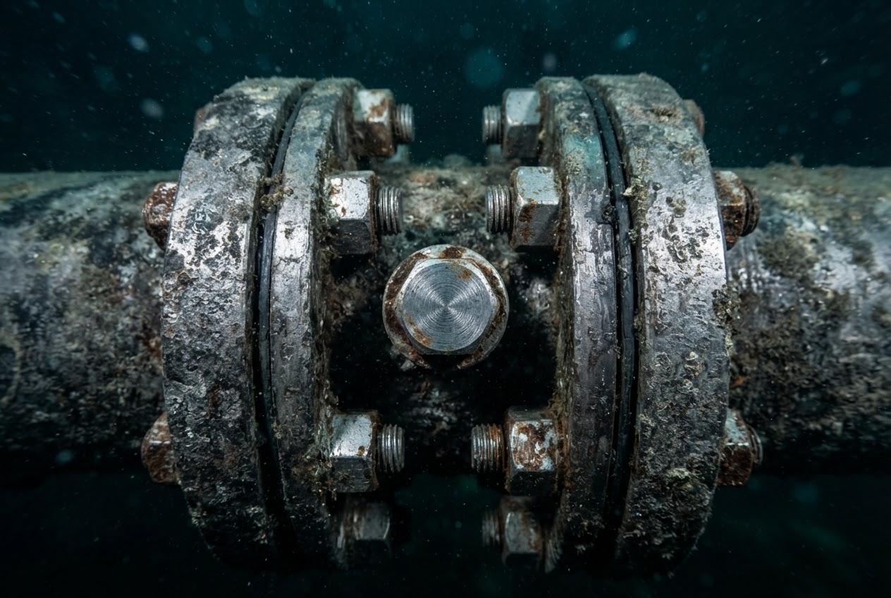 Macro close-up of a precision subsea pipeline flange and bolt array