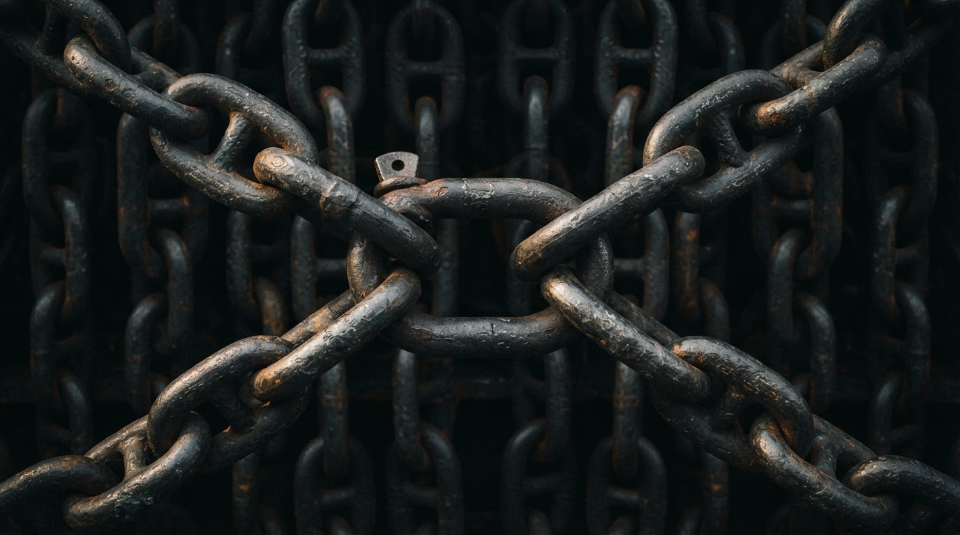 Macro detail of massive offshore steel mooring chains under dramatic low-key lighting