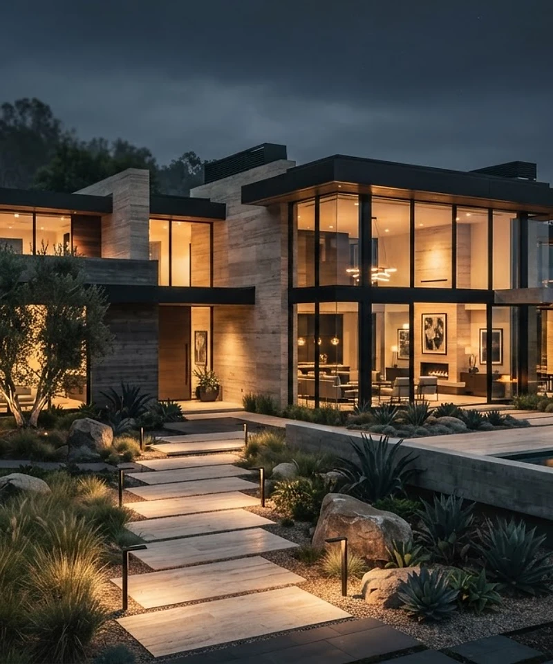 Casa iluminada ao anoitecer