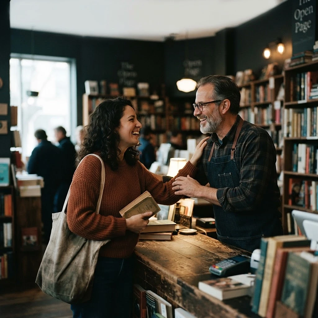 A local business owner warmly greeting a returning customer by name