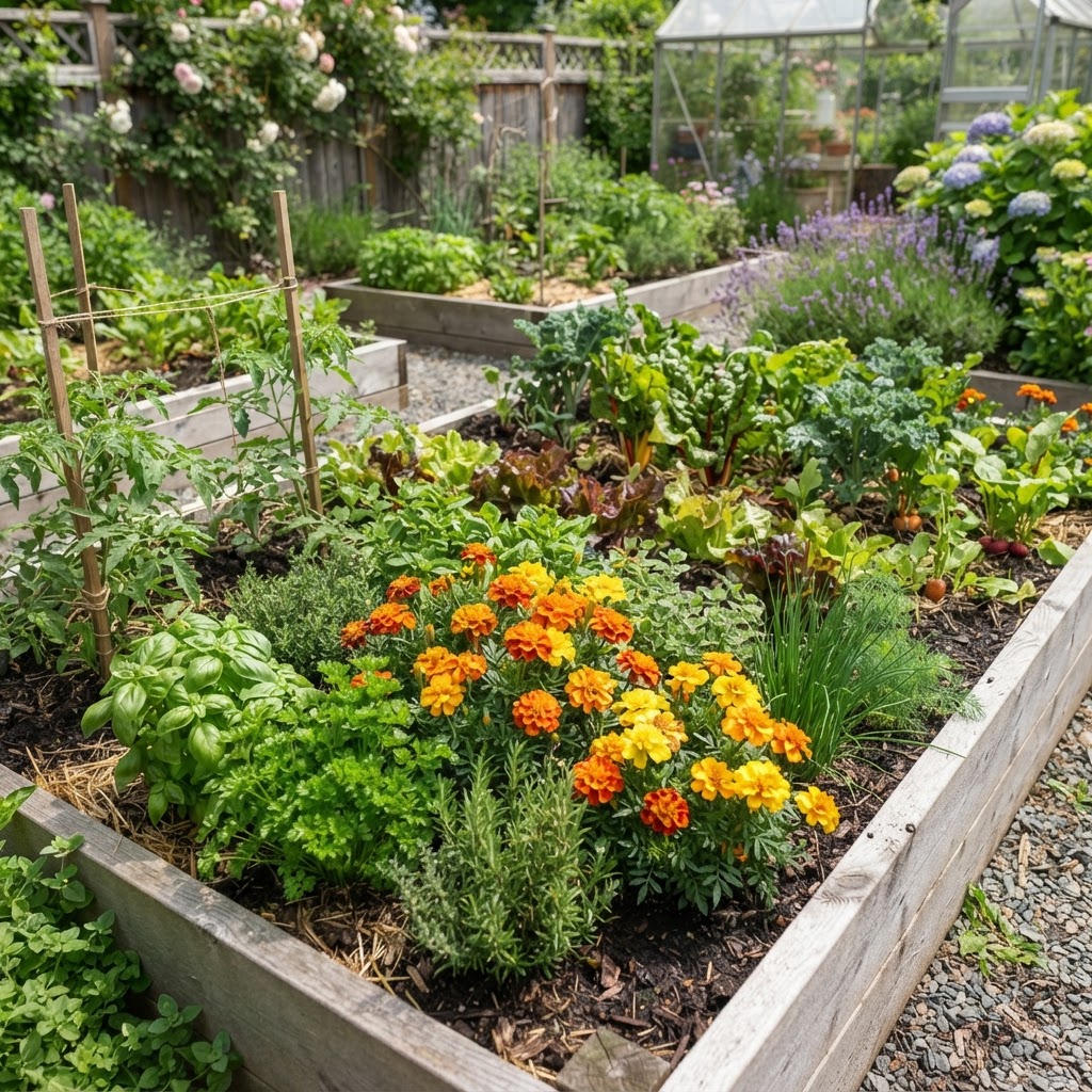 A lush vegetable garden with companion planting to naturally deter pests.