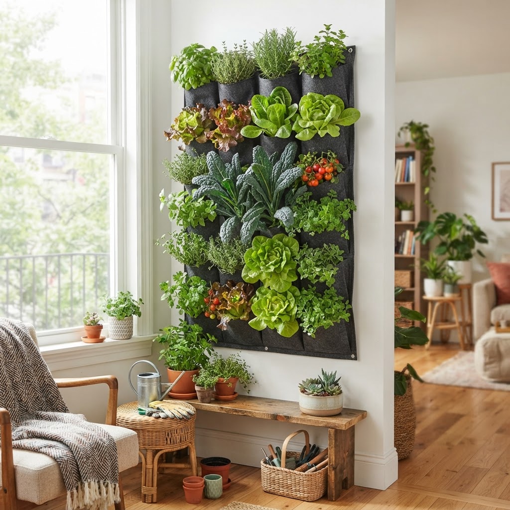 A thriving wall-mounted vertical garden filled with leafy greens in an apartment living room.