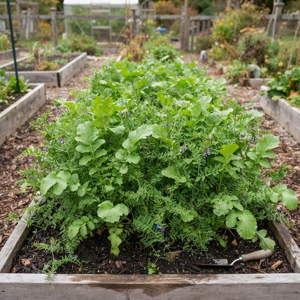 A lush bed of cover crops in a garden, including vetch and radishes.