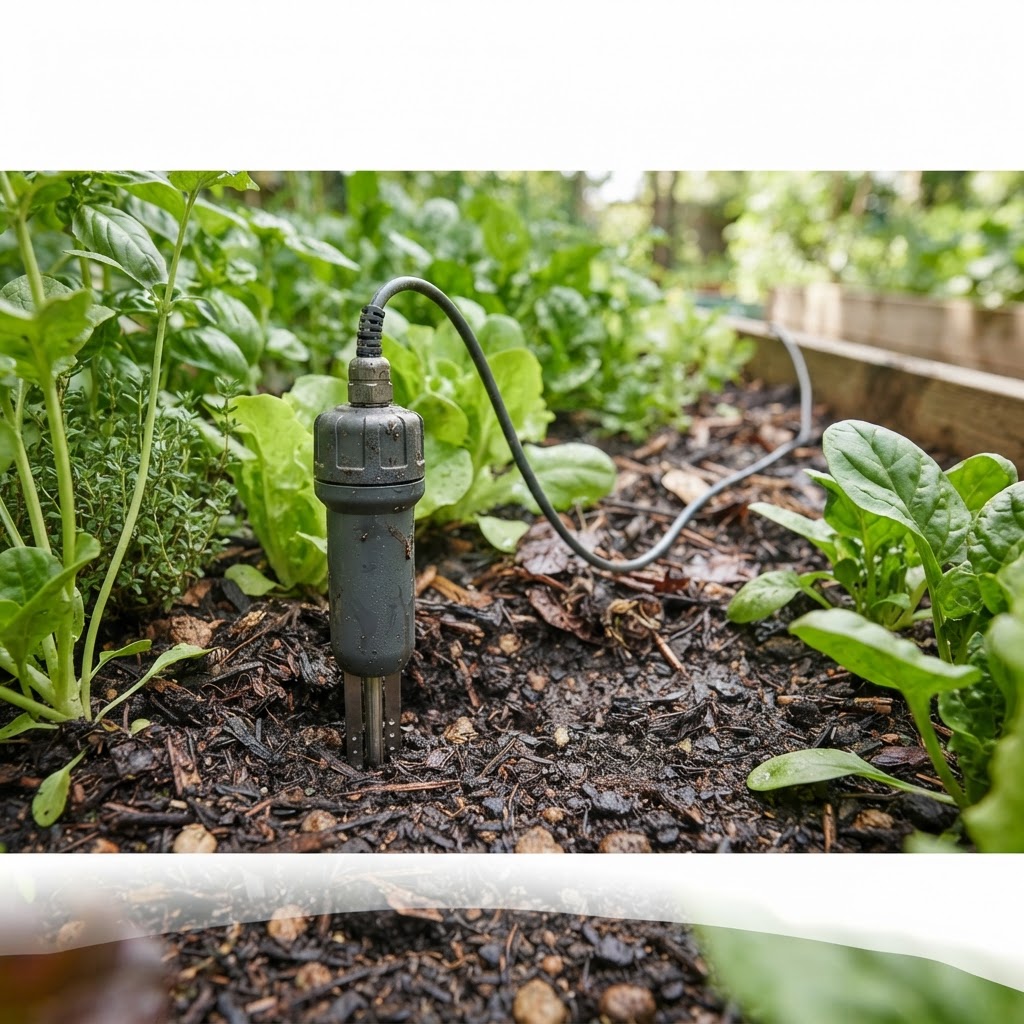 Close-up photo of a soil moisture sensor placed in a vegetable garden bed