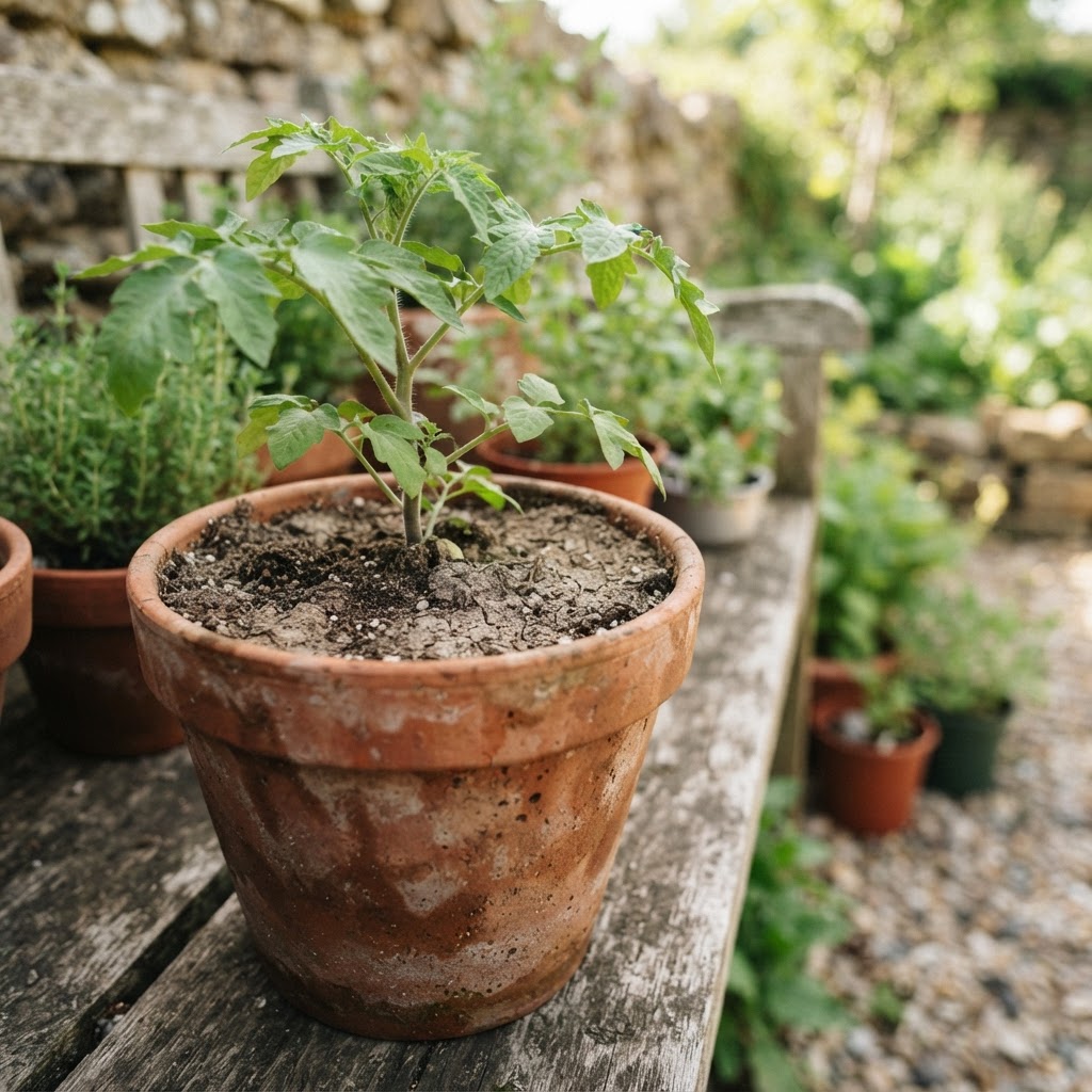 Close up of healthy plant soil in a terracotta pot to show drainage.