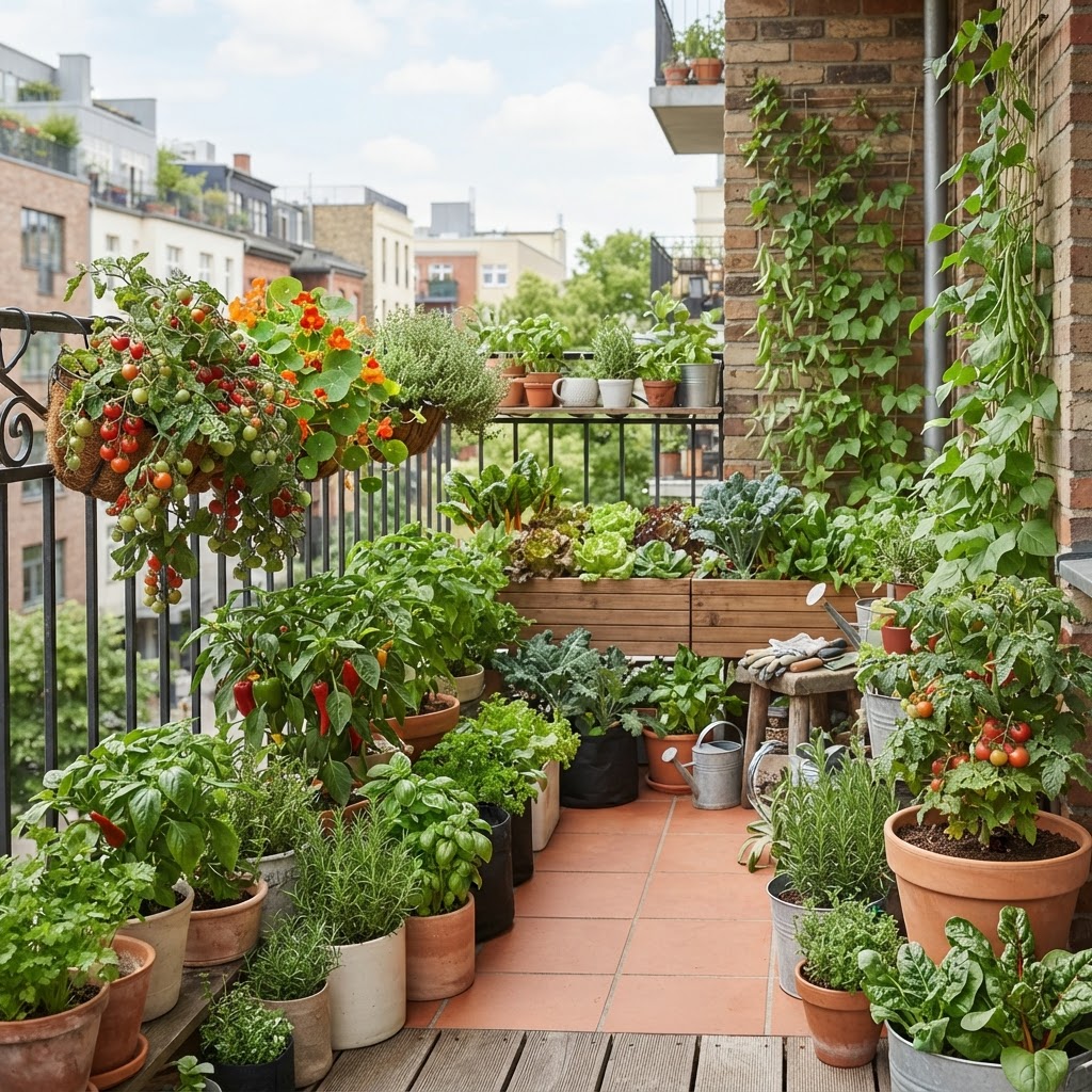 A thriving balcony vegetable garden with diverse plants in various containers.