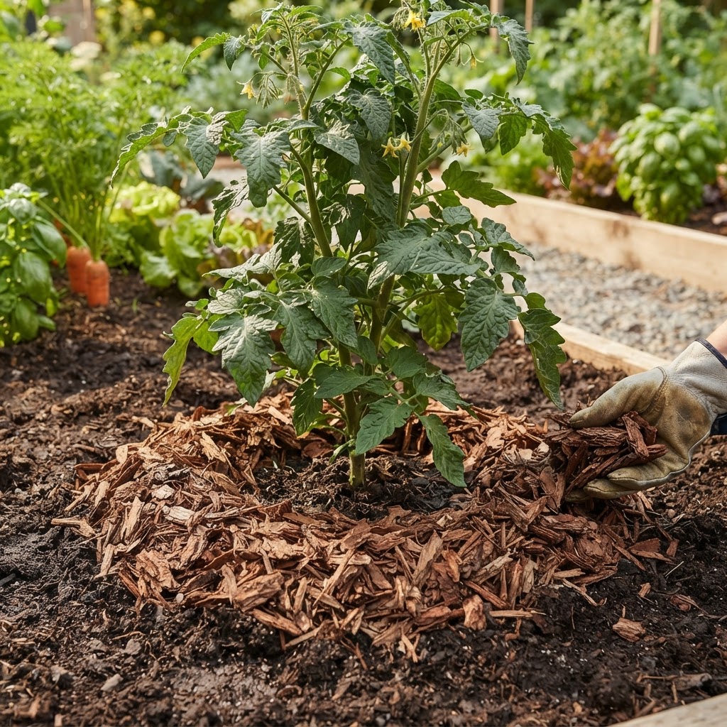 Close-up of straw mulch applied around a healthy vegetable plant to protect soil moisture.