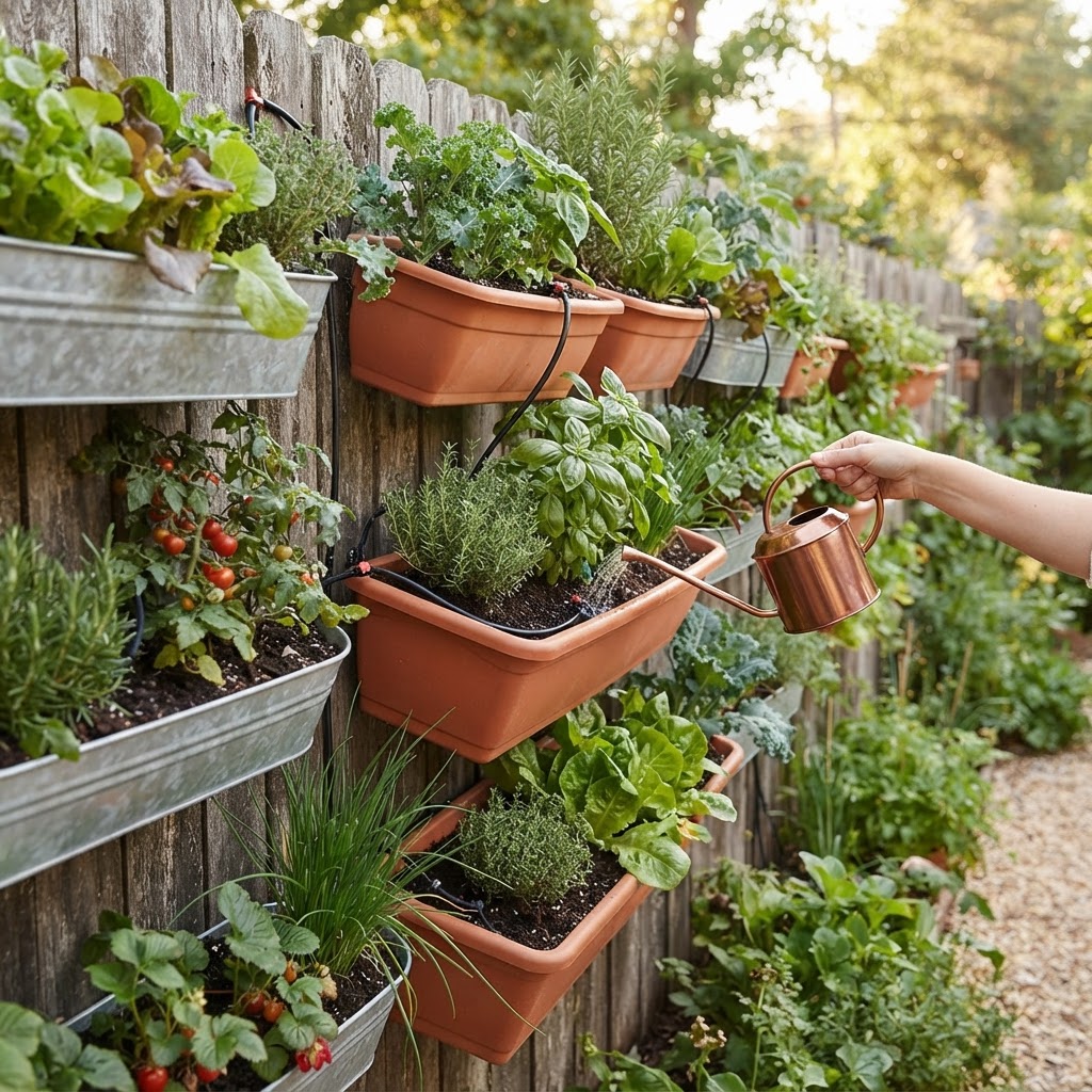 A thriving vertical vegetable garden in a small space.