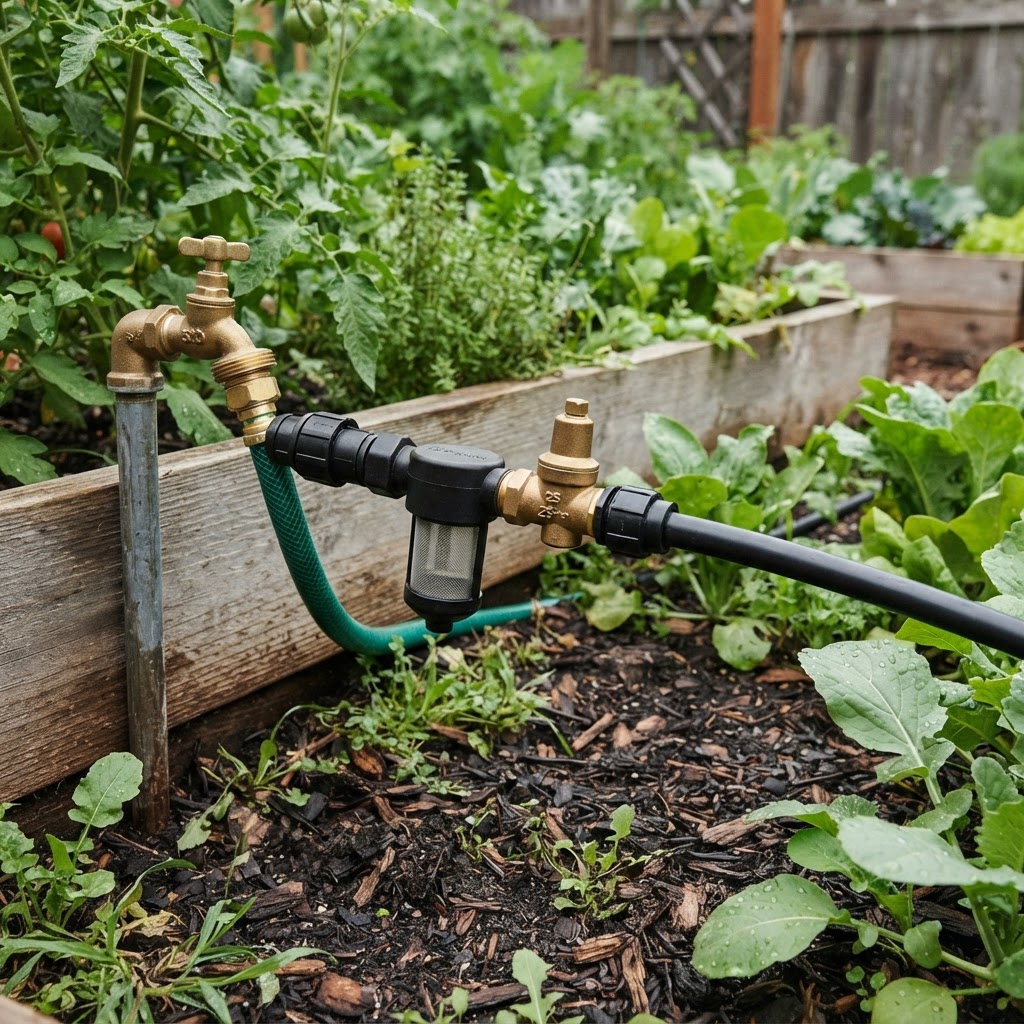 A close-up of a garden hose connection with a filter and pressure regulator installed on a main water line.