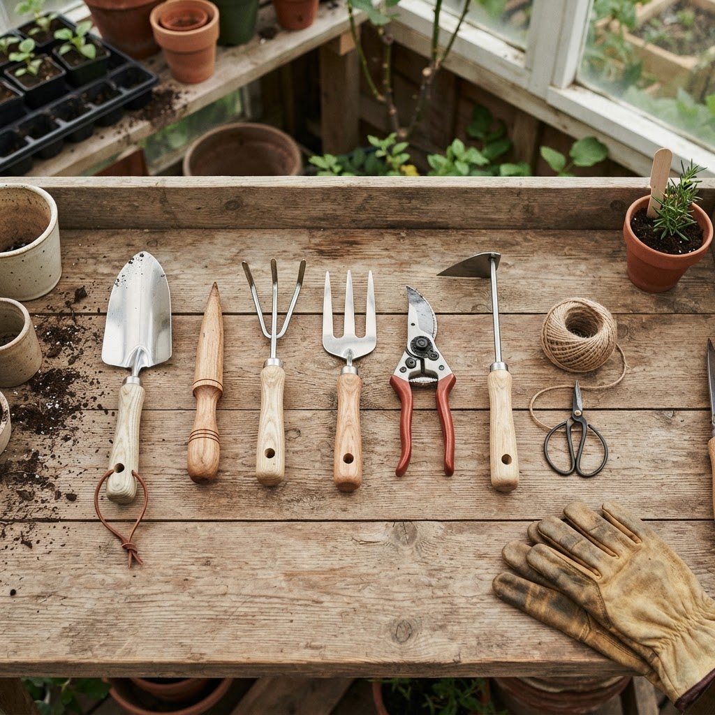 A set of durable gardening hand tools including a trowel and pruners on a wooden surface.