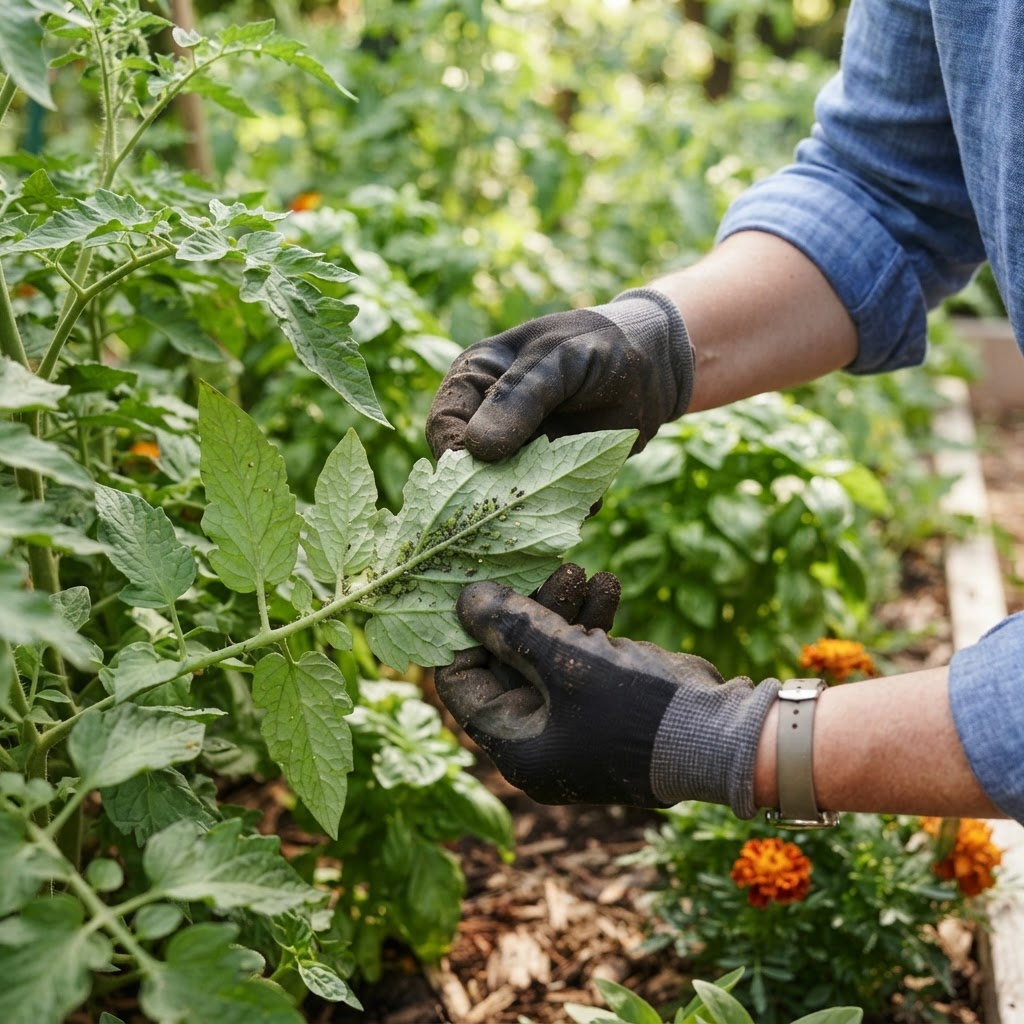 A home gardener checking the underside of a plant leaf for insect infestations.