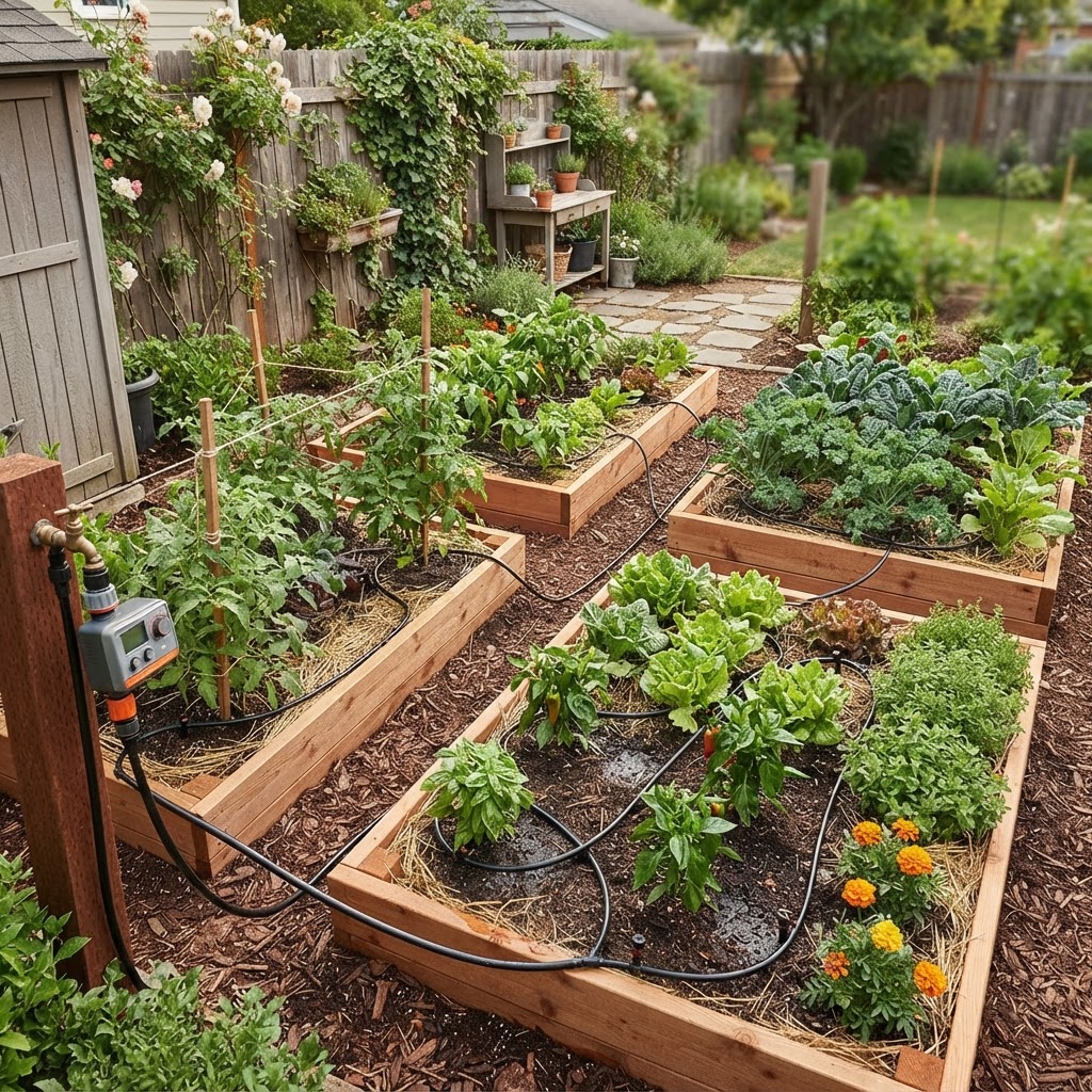 A well-organized vegetable garden using an automated drip irrigation system for efficient watering.