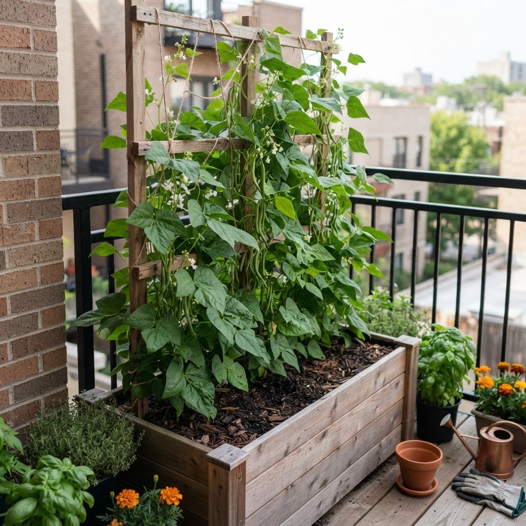 A sturdy wooden trellis system growing climbing beans on a small urban apartment balcony.