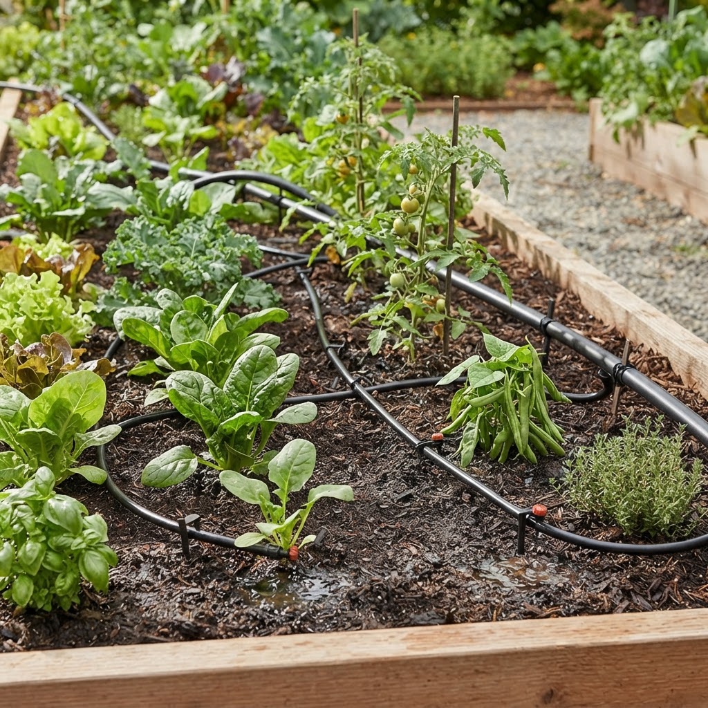 A technical diagram illustrating the layout of a drip irrigation system in a home vegetable garden.
