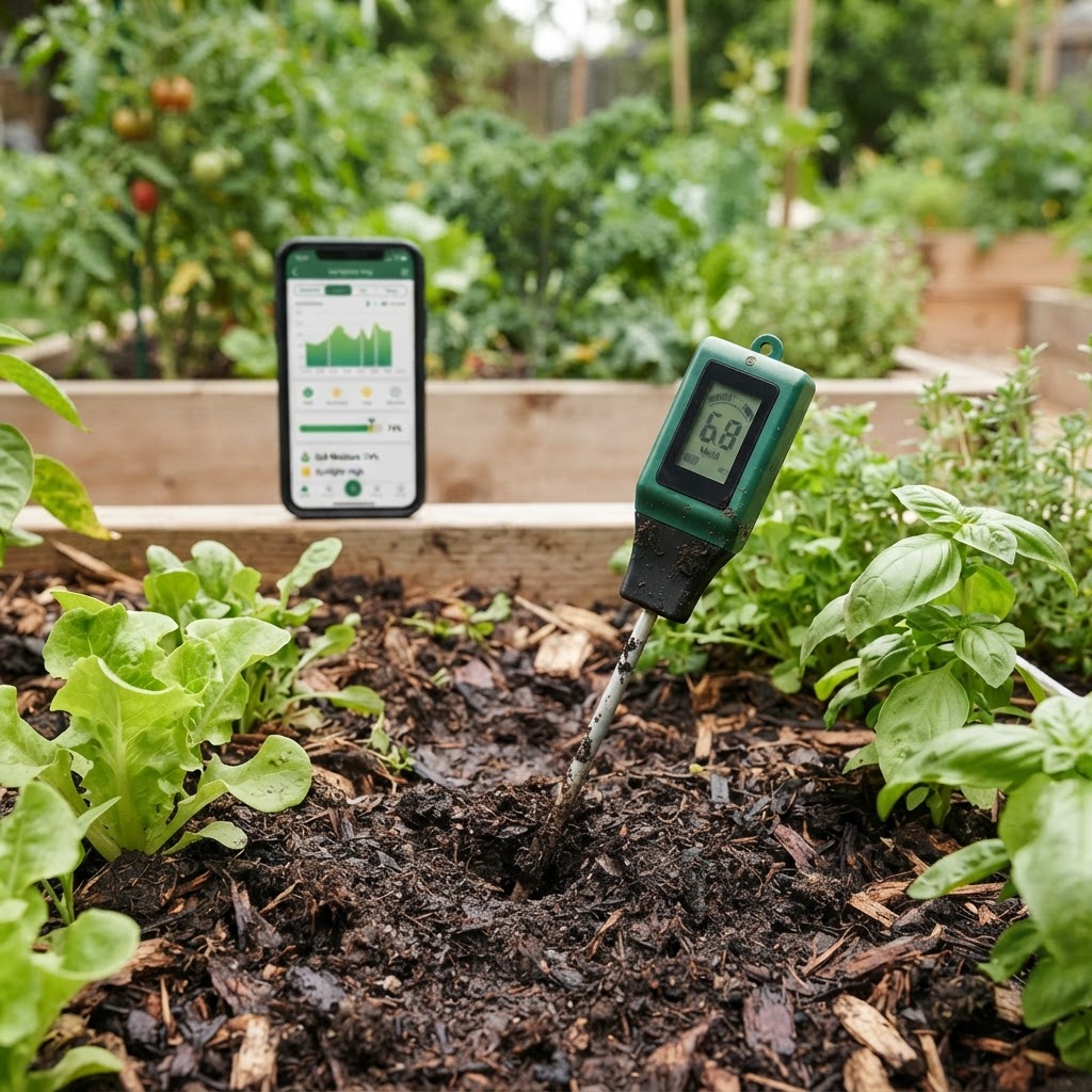 A close-up of a digital soil moisture sensor in a garden bed with a smartphone displaying data.