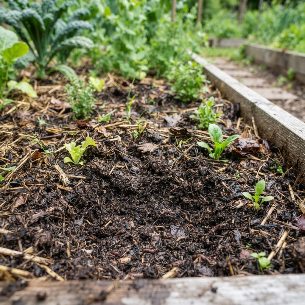 Close up of healthy, dark, undisturbed soil in a no-till garden.
