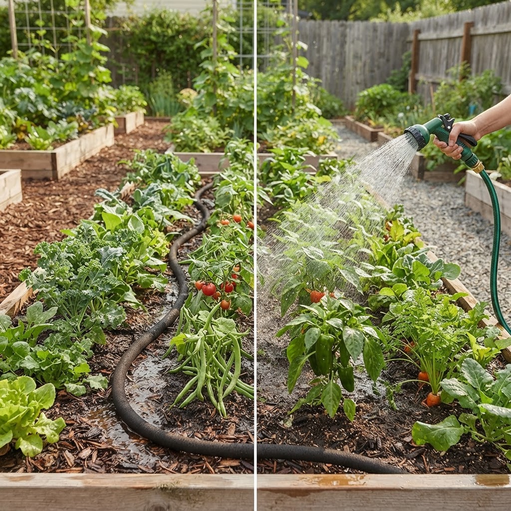A comparison between a soaker hose laid in a vegetable garden row and a traditional handheld garden nozzle.