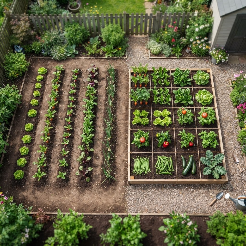 Top-down view comparing traditional vegetable garden rows with high-density square foot gardening grids.