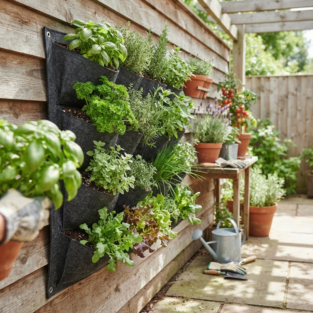 Fabric wall-mounted pocket planters filled with various herbs and leafy greens.