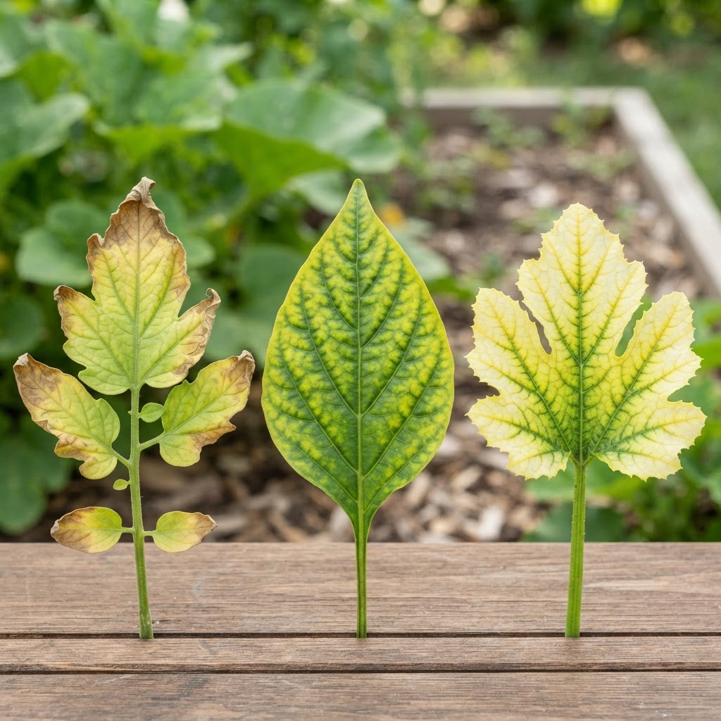 A comparison diagram showing signs of nitrogen, magnesium, and iron deficiency in plant leaves.