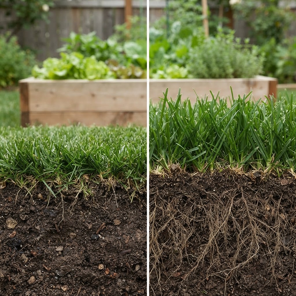 Comparison diagram showing how higher mowing heights promote deeper, healthier root systems.