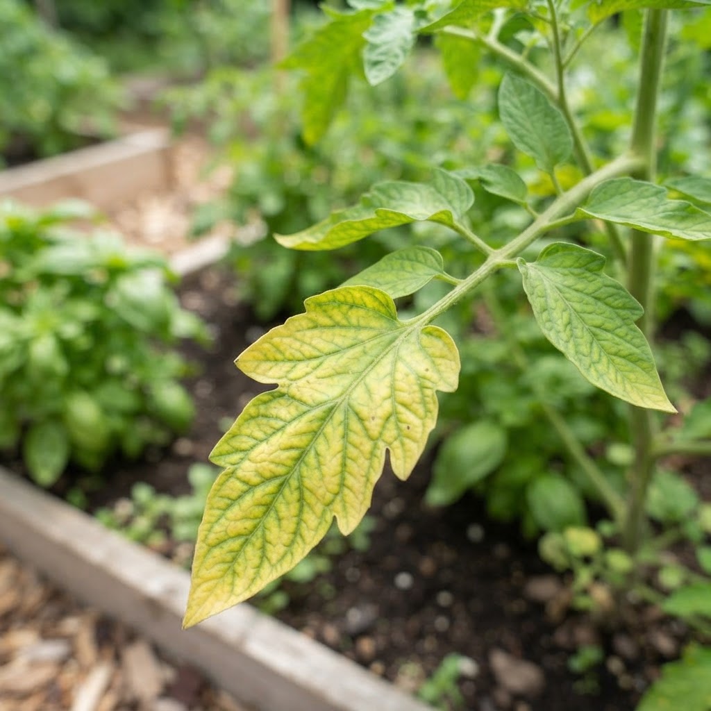 A close-up view of a yellowing vegetable leaf showing signs of nutrient deficiency.