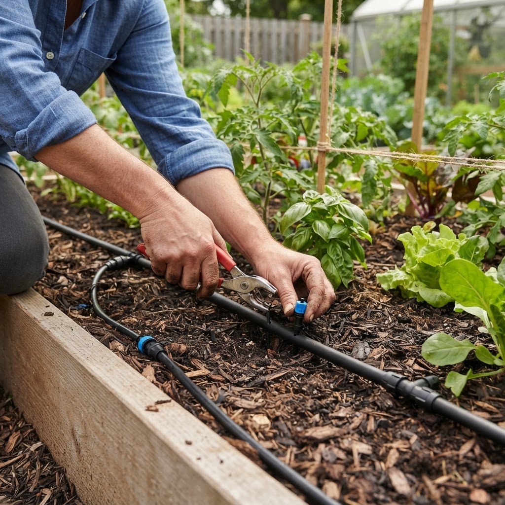 A hand using a tool to punch a hole into black irrigation tubing in a garden.