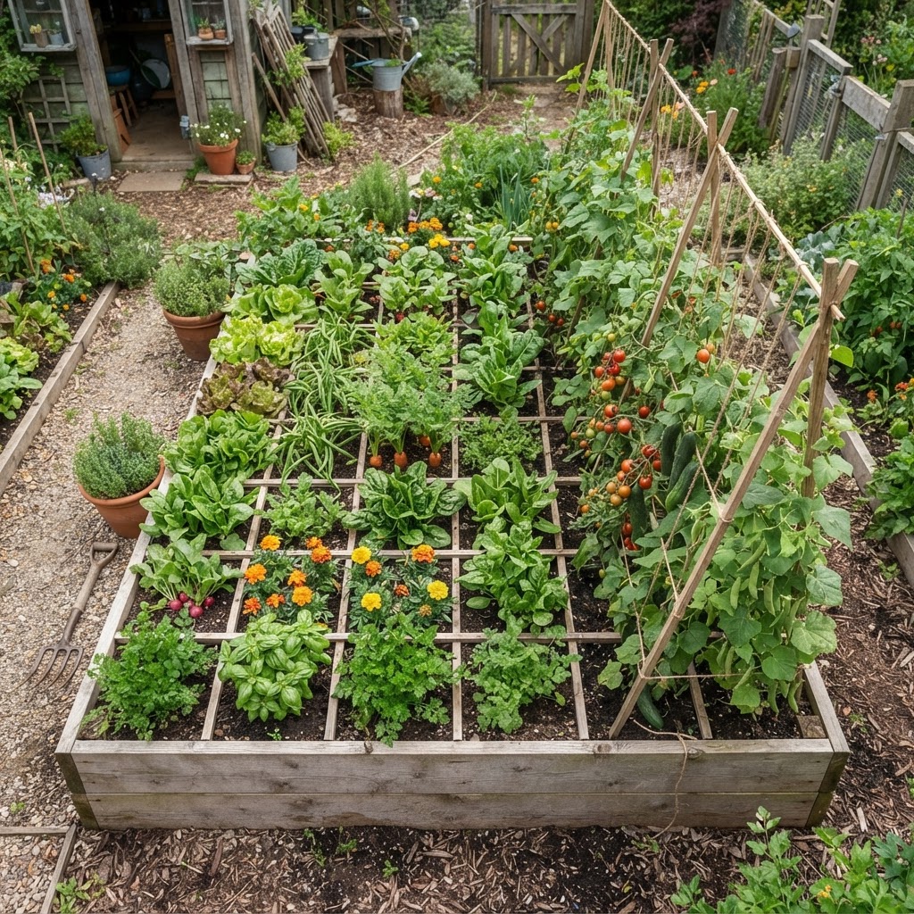 A high-yield garden bed with vegetables planted closely and growing vertically on a trellis.