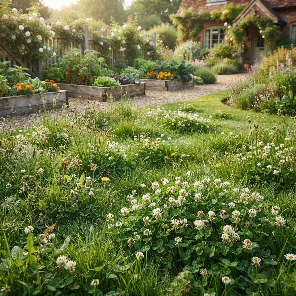 A lush green lawn showcasing natural biodiversity and healthy growth.
